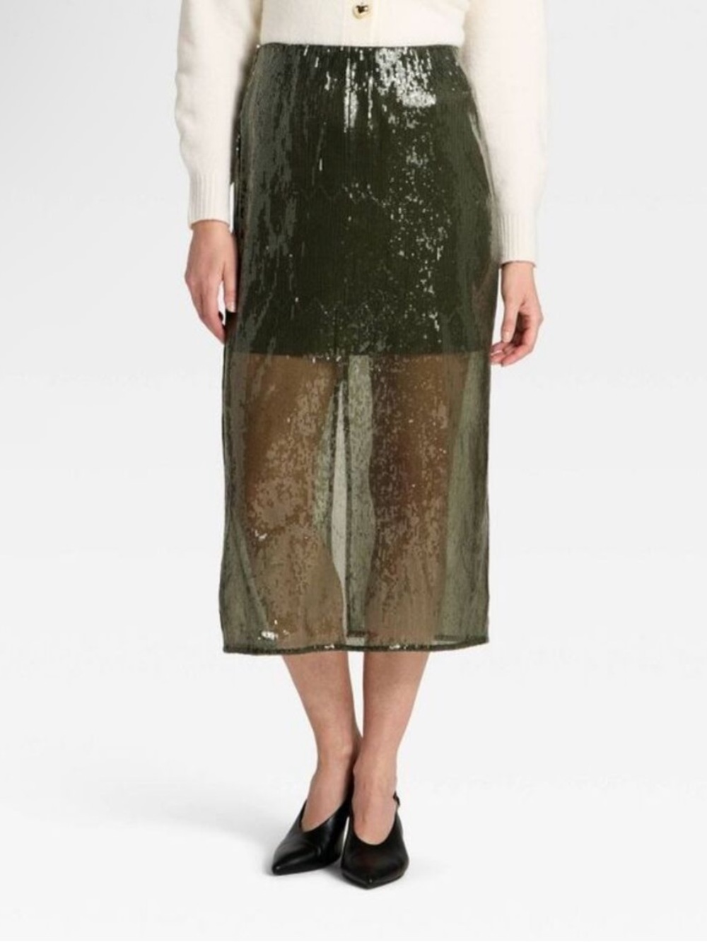 a new day Olive Sheer Sequin Midi Skirt
